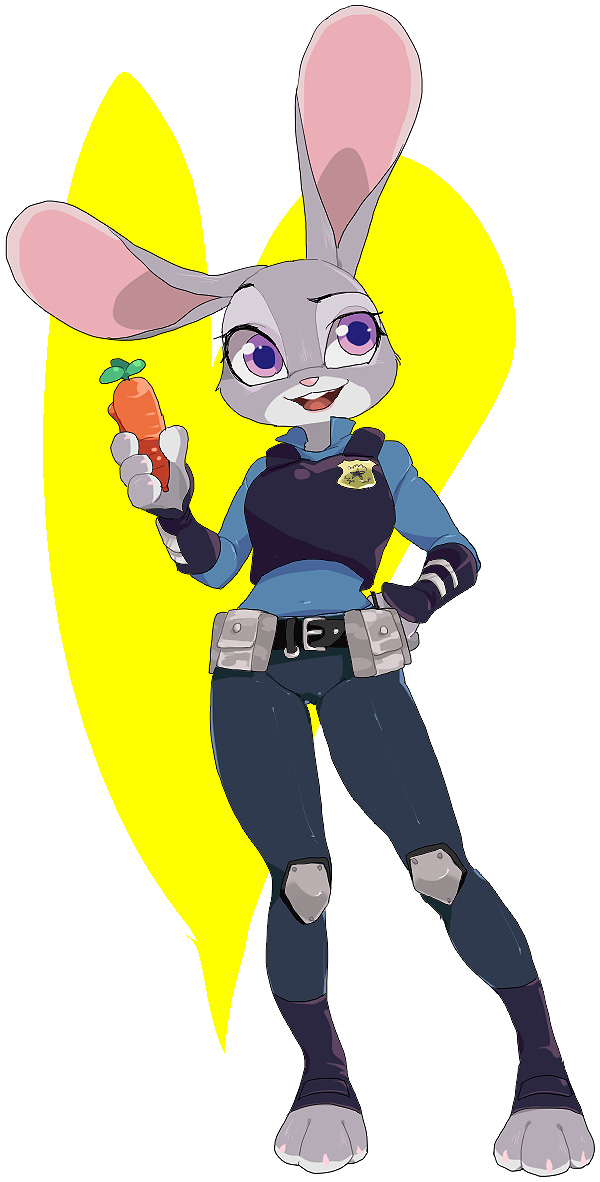 1girl, animal_ears, animal_hands, badge, belt, belt_pouch, black_pants, black_vest, blue_shirt, carrot, female_focus, full_body, furry, furry_female, hand_on_own_hip, hand_up, hatenakayubi, heart, holding, judy_hopps, long_sleeves, open_mouth, pants, police, police_badge, police_uniform, pouch, purple_eyes, rabbit_ears, shirt, simple_background, smile, solo, standing, teeth, two-tone_background, vest, white_background, yellow_background, zootopia