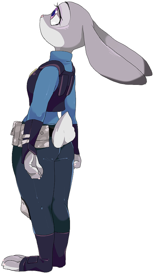 1girl, animal_ears, animal_hands, ass, belt, belt_pouch, black_pants, black_vest, blue_shirt, female_focus, from_behind, full_body, furry, furry_female, hatenakayubi, judy_hopps, long_sleeves, looking_away, looking_up, pants, police, police_uniform, pouch, purple_eyes, rabbit_ears, rabbit_tail, shirt, simple_background, solo, standing, tail, vest, white_background, zootopia