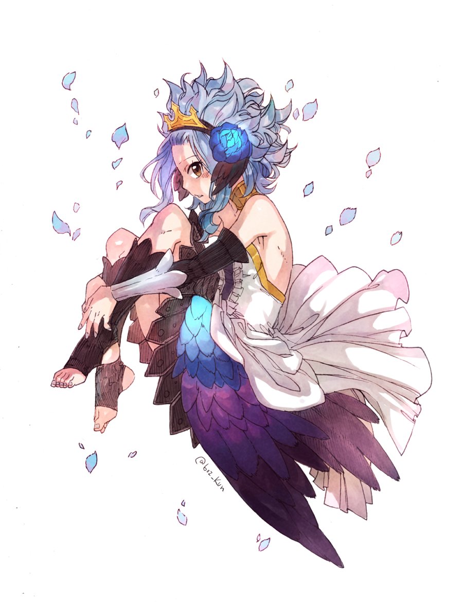 1girl, blue_flower, blue_hair, brown_eyes, choker, cosplay, detached_sleeves, diadem, fairy_tail, female_focus, floating_hair, flower, full_body, gwendolyn_(cosplay), hair_flower, hair_ornament, levy_mcgarden, long_hair, odin_sphere, rusky, signature, simple_background, sleeveless, solo, strapless, white_background
