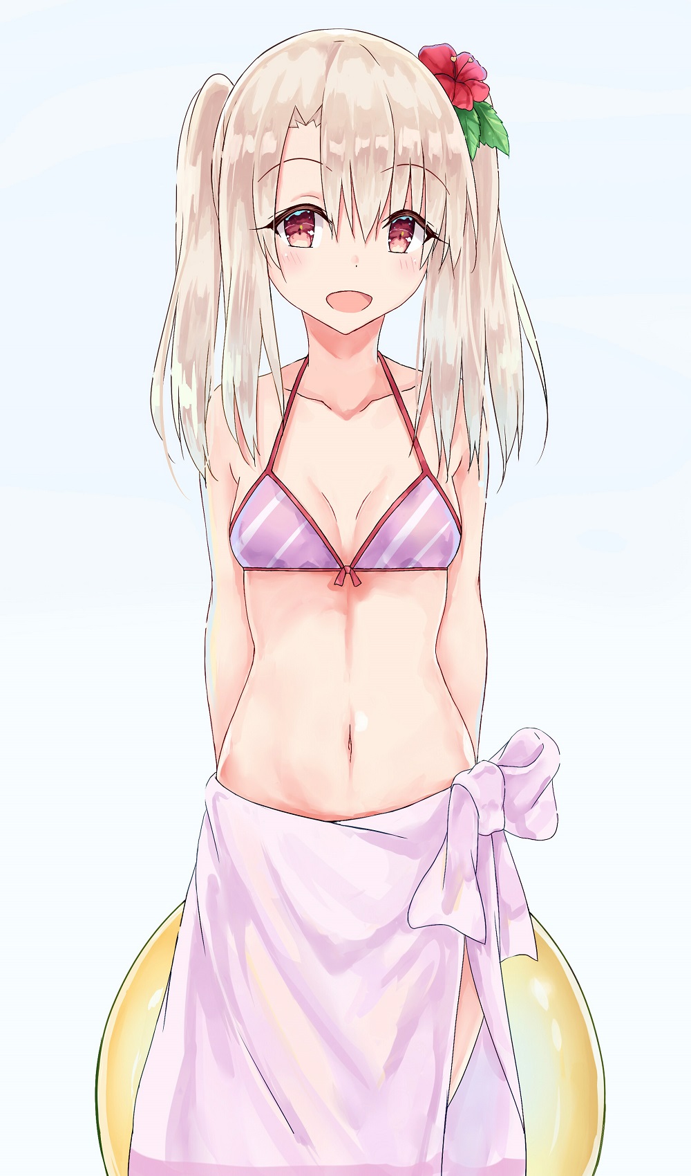 1girl, :d, akaya_(pixiv20545353), arms_behind_back, asymmetrical_bangs, bikini, bikini_top_only, blonde_hair