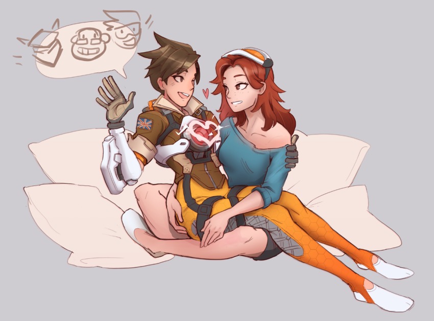 2girls, :d, anh_dang, blue_shirt, bodysuit, bomber_jacket, breasts, brown_hair, brown_jacket, chest_harness, collarbone, commentary, couple, cross-laced_clothes, cross-laced_legwear, emily_(overwatch), english_commentary, freckles, full_body, genji_(overwatch), gloves, goggles, goggles_on_head, unworn_goggles, grey_background, hand_on_another's_shoulder, hand_up, harness, heart, jacket, leather, leather_jacket, long_hair, long_sleeves, looking_at_another, multiple_girls, open_mouth, orange_bodysuit, overwatch, overwatch_1, pants, pillow, red_hair, shirt, short_hair, short_sleeves, simple_background, sitting, sitting_on_lap, sitting_on_person, smile, speech_bubble, spiked_hair, sweater, tight_clothes, tight_pants, tracer_(overwatch), union_jack, vambraces, winston_(overwatch), yuri