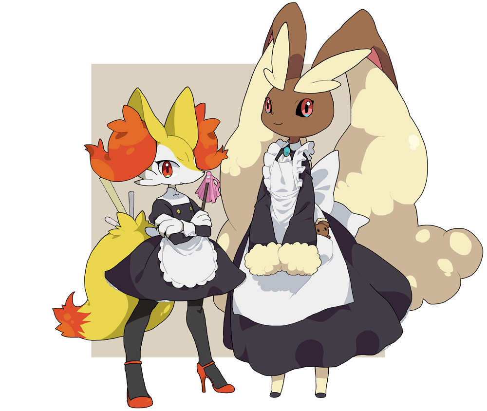 2girls, animal_ears, apron, black_dress, black_eyes, black_footwear, braixen, brooch, buneary, clothed_pokemon, colored_sclera, crossed_arms, doll, dress, female_focus, fox_ears, fox_tail, frilled_apron, frills, full_body, gen_4_pokemon, gen_6_pokemon, hatenakayubi, high_heels, holding, jewelry, juliet_sleeves, long_sleeves, looking_at_viewer, lopunny, maid, multiple_girls, nintendo, own_hands_together, pokemon, pokemon_(creature), puffy_long_sleeves, puffy_sleeves, rabbit_ears, red_eyes, red_footwear, red_sclera, shoes, short_dress, simple_background, smile, standing, stick, tail, two-tone_background, v_arms, white_apron