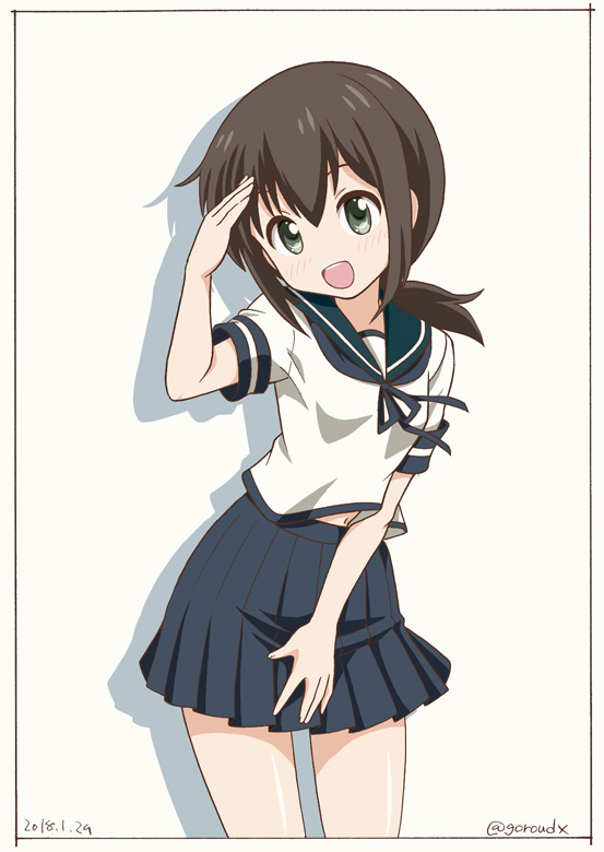 1girl, black_hair, blue_sailor_collar, blue_skirt, cowboy_shot, dated, female_focus, fubuki_(kancolle)
