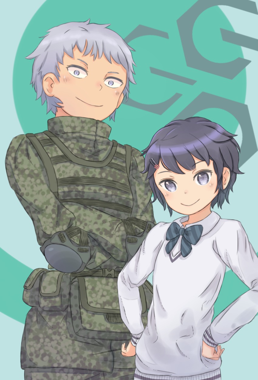 2girls, blue_eyes, blue_hair, bow, bowtie, commentary, dual_persona, elbow_pads