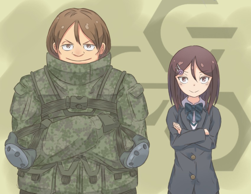 2girls, bow, bowtie, brown_hair, camouflage, crossed_arms, dual_persona, elbow_pads