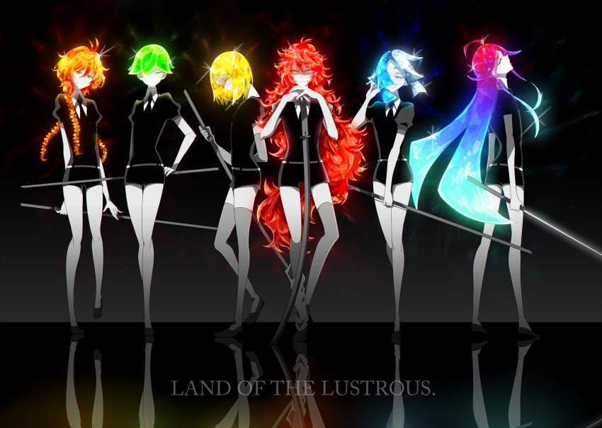 6+others, ahoge, alexandrite_(houseki_no_kuni), androgynous, aqua_hair, black_background, blonde_hair, blue_hair