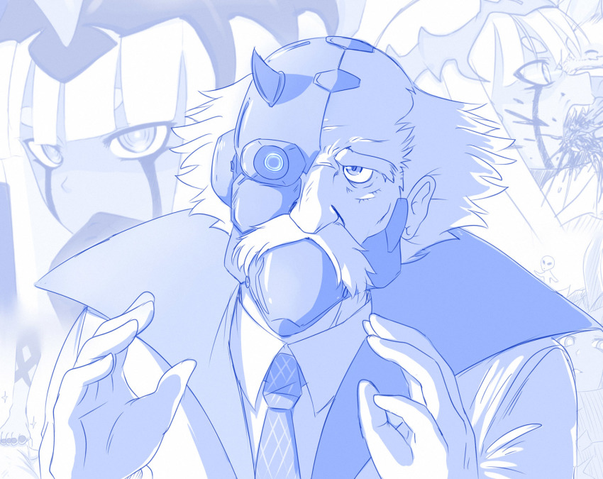 001_(darling_in_the_franxx), 10s, 1boy, 1girl, ancient_aliens, balding, blood, blue_theme