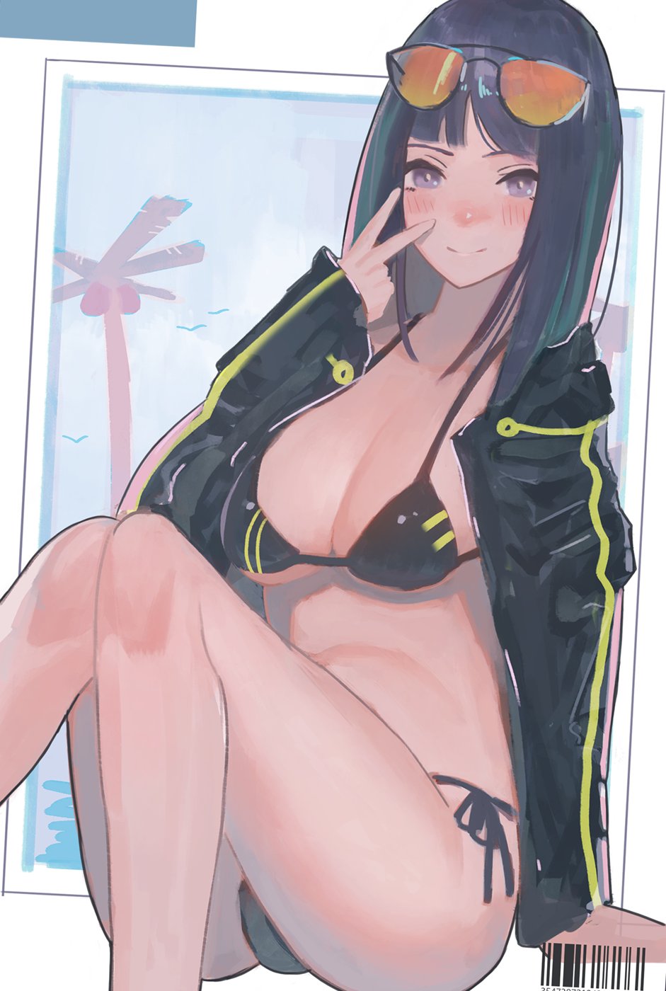 1girl, bad_id, bad_twitter_id, barcode, bikini, black_bikini, black_jacket, blush