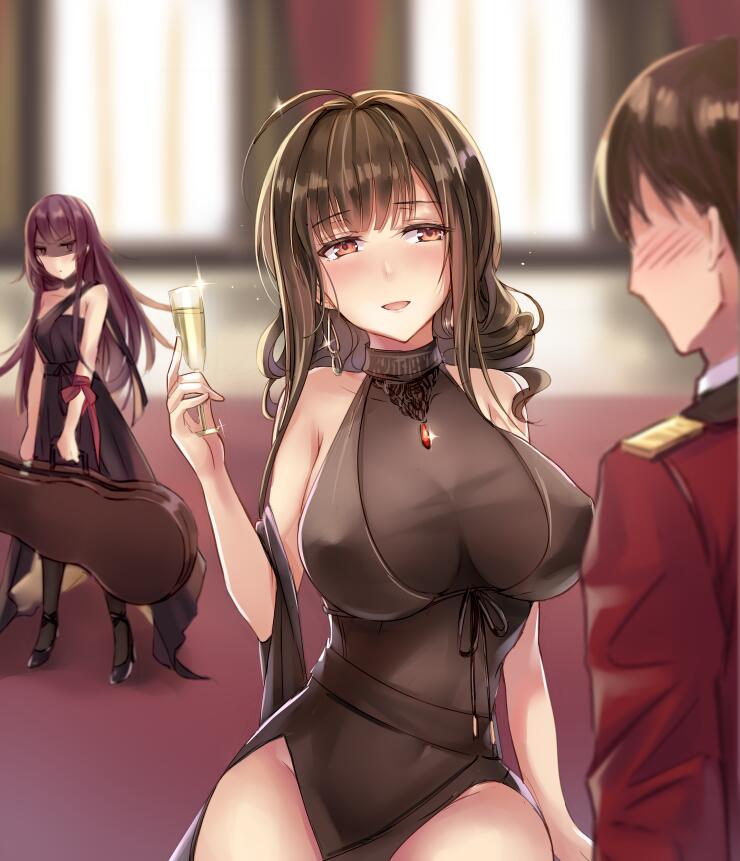 1boy, 2girls, :d, ahoge, alternate_costume, arm_ribbon, bare_shoulders, black_dress, black_footwear, black_gloves, black_legwear, blunt_bangs, blurry, blurry_background, blush, breasts, brown_hair, cello_case, champagne_flute, choker, cleavage, commander_(girls'_frontline), commentary, commentary_request, covered_erect_nipples, covered_navel, cup, dress, drinking_glass, dsr-50_(girls'_frontline), dsr-50_(highest_bid)_(girls'_frontline), earrings, gem, girls'_frontline, gloves, griffin_&amp;_kryuger_military_uniform, groin, hair_ribbon, half-closed_eyes, head_tilt, high_heels, holding, holding_cup, holding_drinking_glass, indoors, jealous, jewelry, large_breasts, long_hair, military, military_uniform, multiple_girls, no_bra, official_alternate_costume, open_mouth, pantyhose, pumps, purple_hair, red_eyes, red_gem, red_ribbon, ribbon, see-through_clothes, shaded_face, shawl, sidelocks, single_strap, smile, sparkle, thighs, very_long_hair, wa2000_(ballroom_interlude)_(girls'_frontline), wa2000_(girls'_frontline), weapon_case, yuemanhuaikong