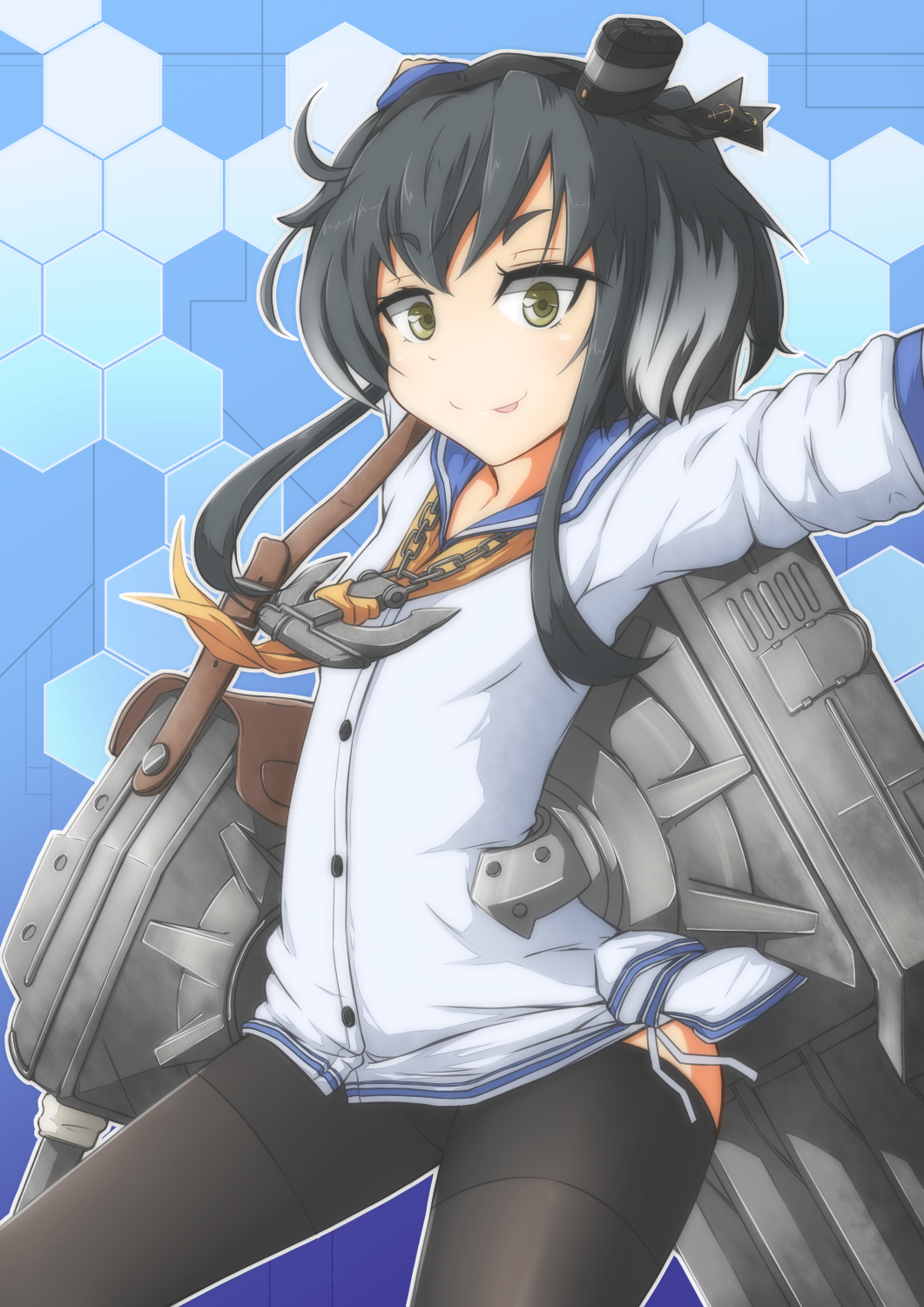 1girl, :p, anchor, anchor_symbol, black_hair, black_pantyhose, blue_background, brown_eyes