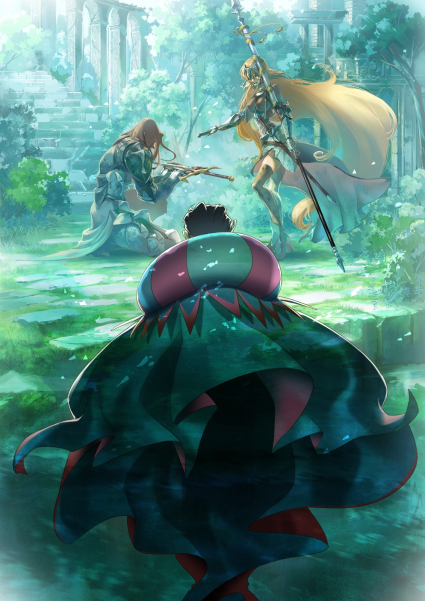 1girl, 2boys, absurdly_long_hair, armor, armored_dress, banner, black_hair, black_thighhighs, blonde_hair, breasts, breasts_apart, brown_hair, cape, day, dress, fate_(series), floating_hair, full_body, gilles_de_rais_(caster)_(fate), gilles_de_rais_(fate), gilles_de_rais_(saber)_(fate), highres, holding, holding_weapon, jeanne_d'arc_(fate), jeanne_d'arc_(ruler)_(fate), kneeling, large_breasts, long_hair, multiple_boys, outdoors, pixiv_fate/grand_order_contest_2, tato_t06, thighhighs, very_long_hair, weapon, zettai_ryouiki