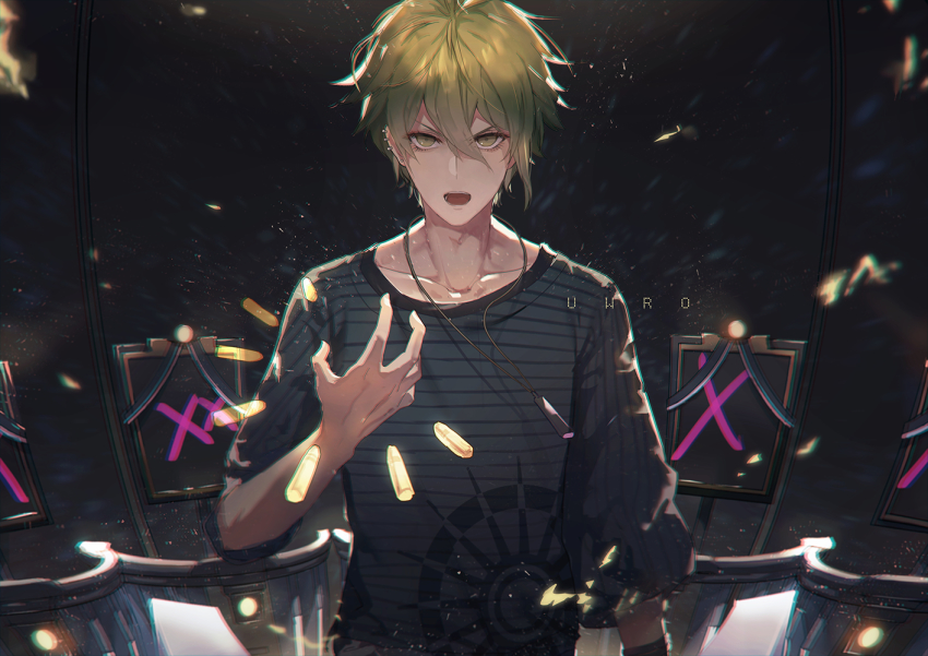 1boy, amami_rantaro, collarbone, danganronpa_(series), danganronpa_v3:_killing_harmony, green_eyes, green_hair, grey_shirt
