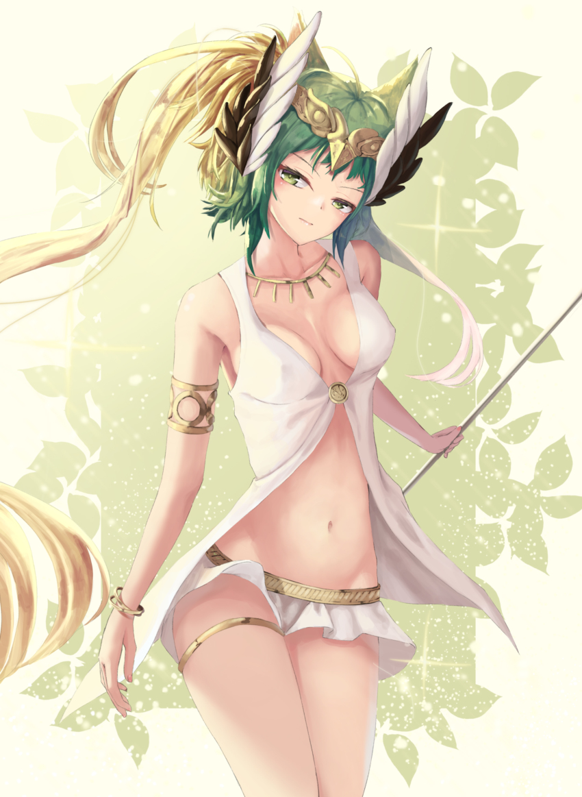 1girl, absurdres, armlet, atalanta_(fate), blonde_hair, bracelet, breasts, circe_(fate), circe_(fate)_(cosplay), cleavage, collarbone, cosplay, covered_erect_nipples, cowboy_shot, fate/apocrypha, fate_(series), female_focus, floating_hair, green_eyes, green_hair, hair_ornament, head_tilt, highres, holding, jewelry, long_hair, medium_breasts, microskirt, midriff, multicolored_hair, navel, necklace, nekobell, skirt, solo, standing, stomach, thighlet, two-tone_hair, very_long_hair, white_skirt