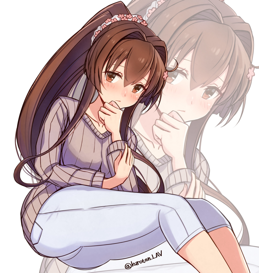 1girl, ahoge, alternate_costume, blush, breasts, brown_eyes, brown_hair, closed_mouth