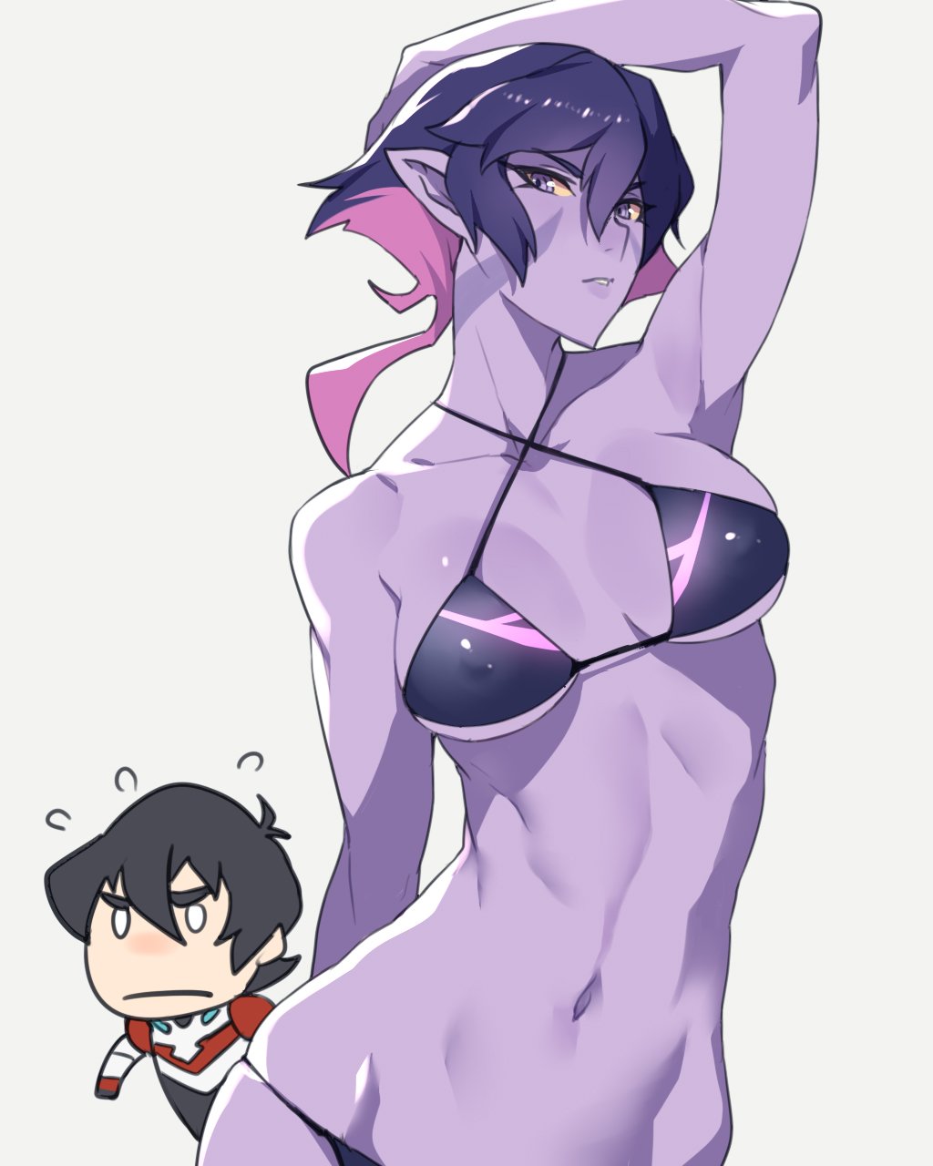 1boy, 1girl, arched_back, arm_behind_head, armpits, ban!_(bansankan), bikini, black_hair, collarbone, colored_skin, covered_erect_nipples, facial_mark, frown, highres, keith_(voltron), krolia, lips, looking_at_viewer, mother_and_child, mother_and_son, multicolored_hair, navel, parent_and_child, parted_lips, purple_eyes, purple_hair, purple_skin, simple_background, swimsuit, two-tone_hair, voltron:_legendary_defender, voltron_(series), wide_hips