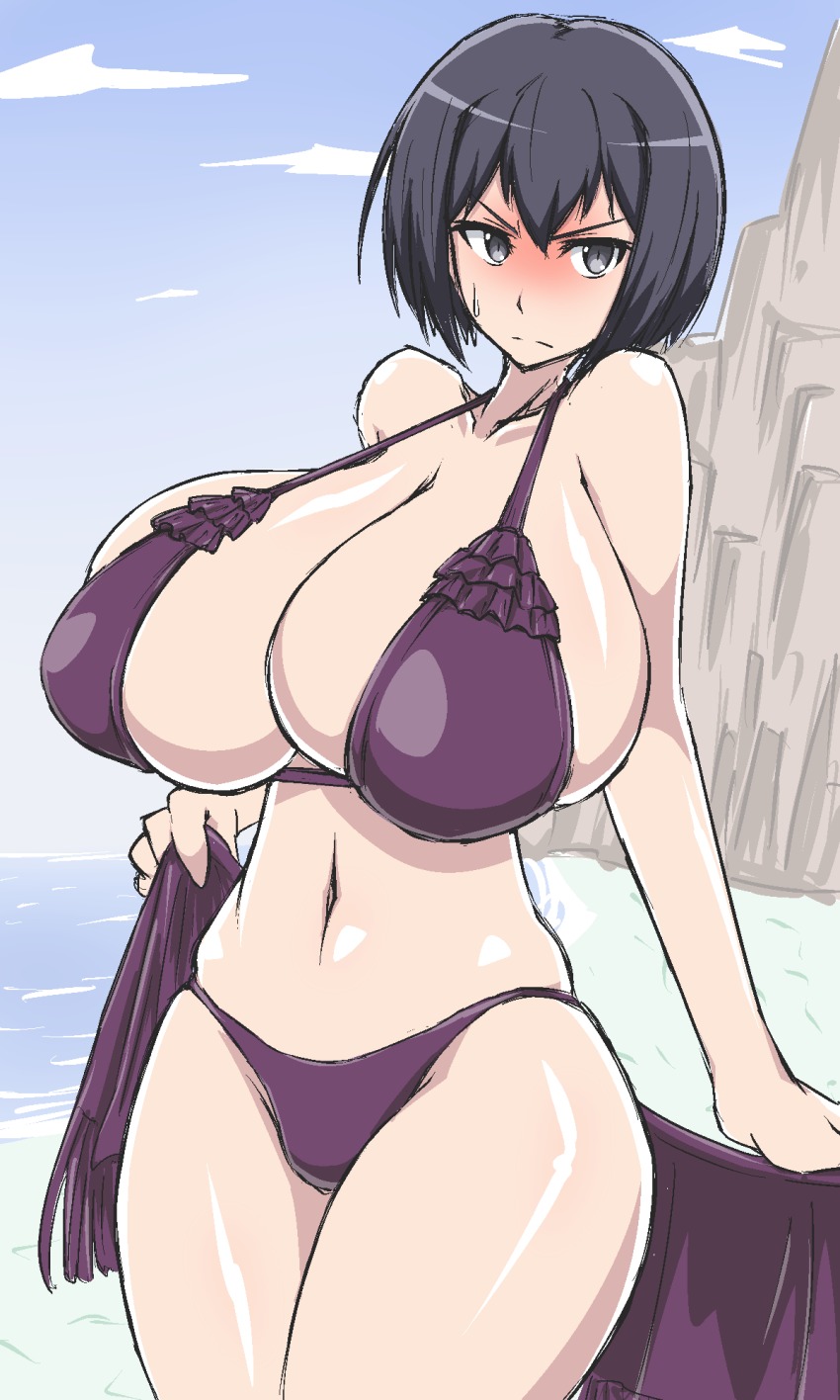 1girl, alternate_breast_size_(larger), bikini, black_eyes, blush, breasts, cleavage, cowboy_shot