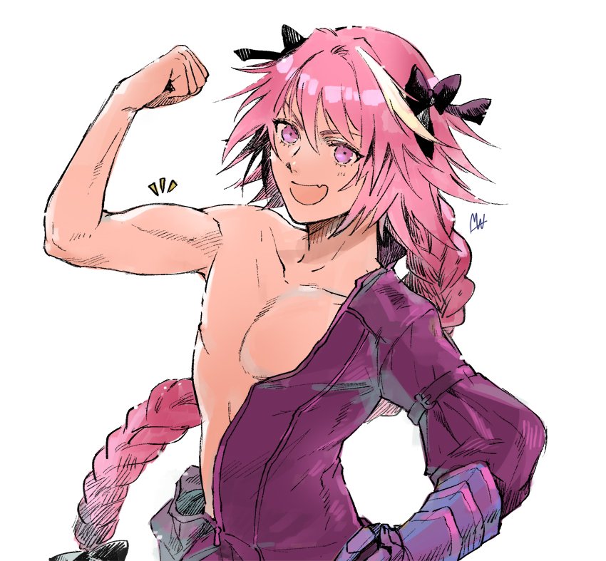 1boy, 7luna, :d, astolfo_(fate), astolfo_(rider)_(fate), black_bow, black_ribbon, bow, braid, commentary_request, fang, fate/apocrypha, fate_(series), flexing, gauntlets, hair_intakes, hair_ribbon, hand_on_own_hip, long_braid, long_hair, looking_at_viewer, male_focus, multicolored_hair, muscular, open_mouth, partially_undressed, pink_hair, purple_eyes, ribbon, signature, simple_background, single_braid, smile, solo, streaked_hair, translation_request, trap, unzipped, white_background