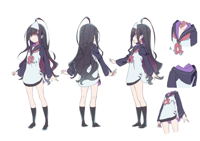 1girl, ahoge, black_hair, black_legwear, highres, long_hair, long_sleeves, looking_at_viewer