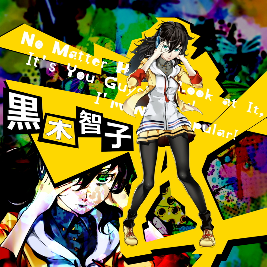 1girl, chiku_(gesu), female_focus, green_eyes, hands_on_own_head, headphones, highres, hood