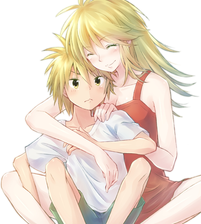 1boy, 1girl, blonde_hair, blush, breasts, child, cleavage, closed_eyes, green_shorts, highres, hug, ichinose_kai, ichinose_reiko, long_hair, looking_at_viewer, medium_breasts, mother_and_child, mother_and_son, nyaa_(nnekoron), parent_and_child, piano_no_mori, shirt, shorts, sitting, smile, t-shirt, white_background, white_shirt