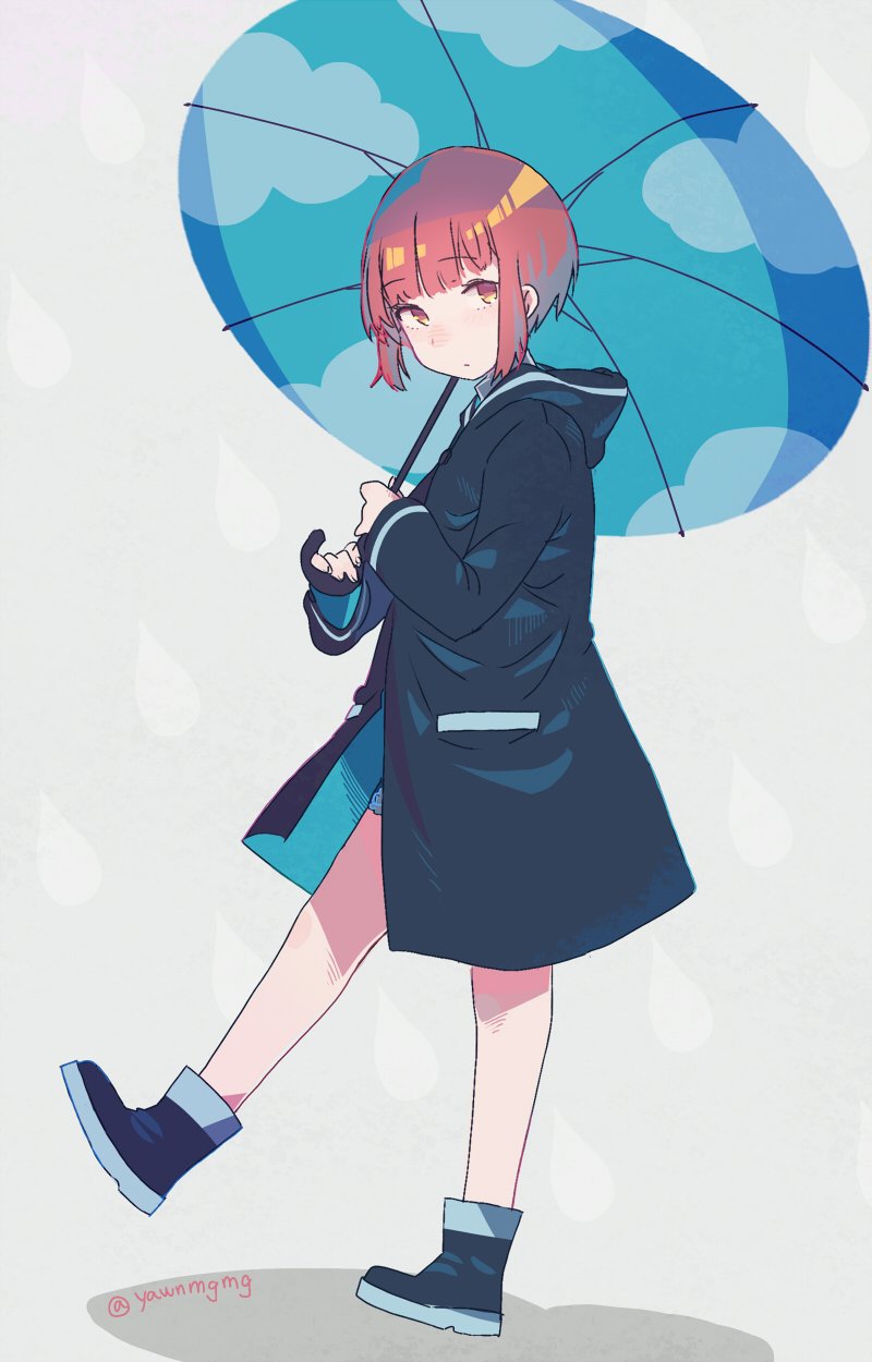1girl, blue_boots, blue_umbrella, boots, brown_eyes, brown_hair, female_focus, full_body