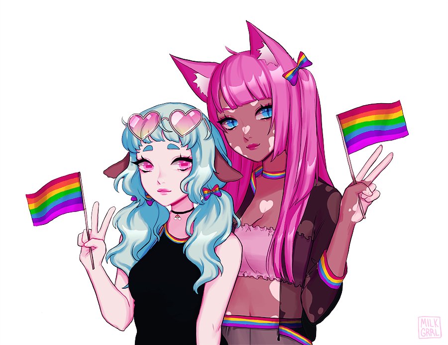 2girls, animal_ears, arm_at_side, arm_up, armband, artist_logo, artist_name, bandeau