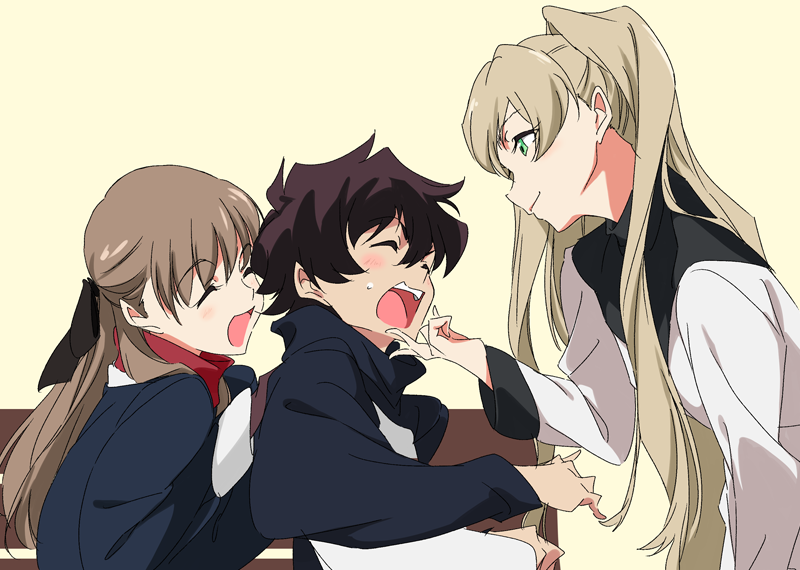 1boy, 2girls, :d, aqua_eyes, black_bow, black_hair, blush, bow