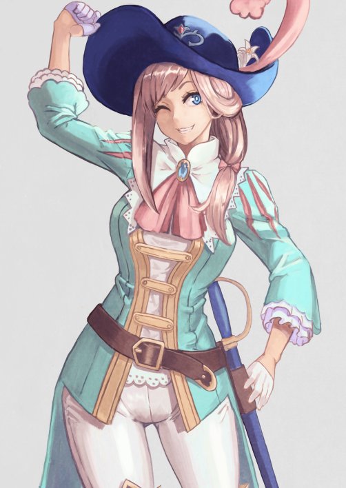 1girl, arm_up, ascot, asymmetrical_hair, belt, blue_eyes, blue_hat, blue_jacket