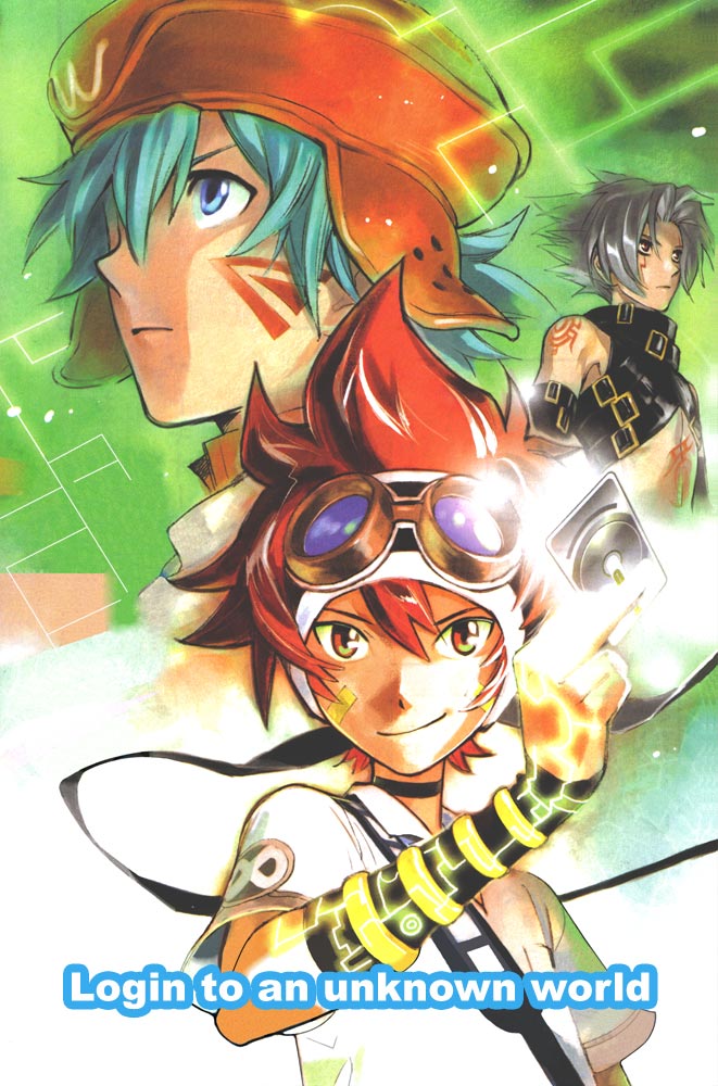 .hack//, .hack//link, 3boys, aqua_hair, bandai, blue_eyes, cyber_connect_2, goggles