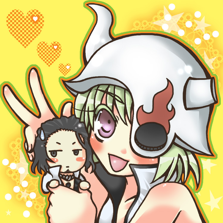 00s, arrancar, black_eyes, black_hair, bleach, blush, bob_cut, chibi, coyote_starrk, fujiwara_ichi, green_hair, heart, helmet, horns, jewelry, lilynette_gingerbuck, necklace, number_tattoo, pink_eyes, short_hair, skull, smile, star_(symbol), sweatdrop, tattoo, v