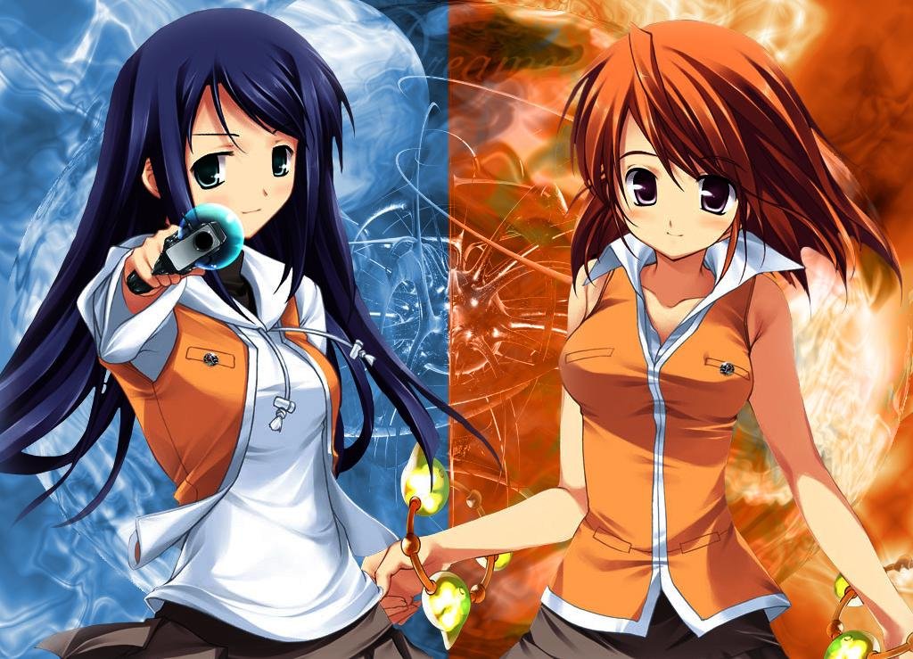 00s, 2girls, blue_hair, blush, circus_(studio), grey_eyes, gun, jpeg_artifacts, kuga_natsuki, multiple_girls, my-hime, official_art, orange_hair, school_uniform, tokiha_mai, unmei_no_keitouju, vest, weapon, yaegashi_nan