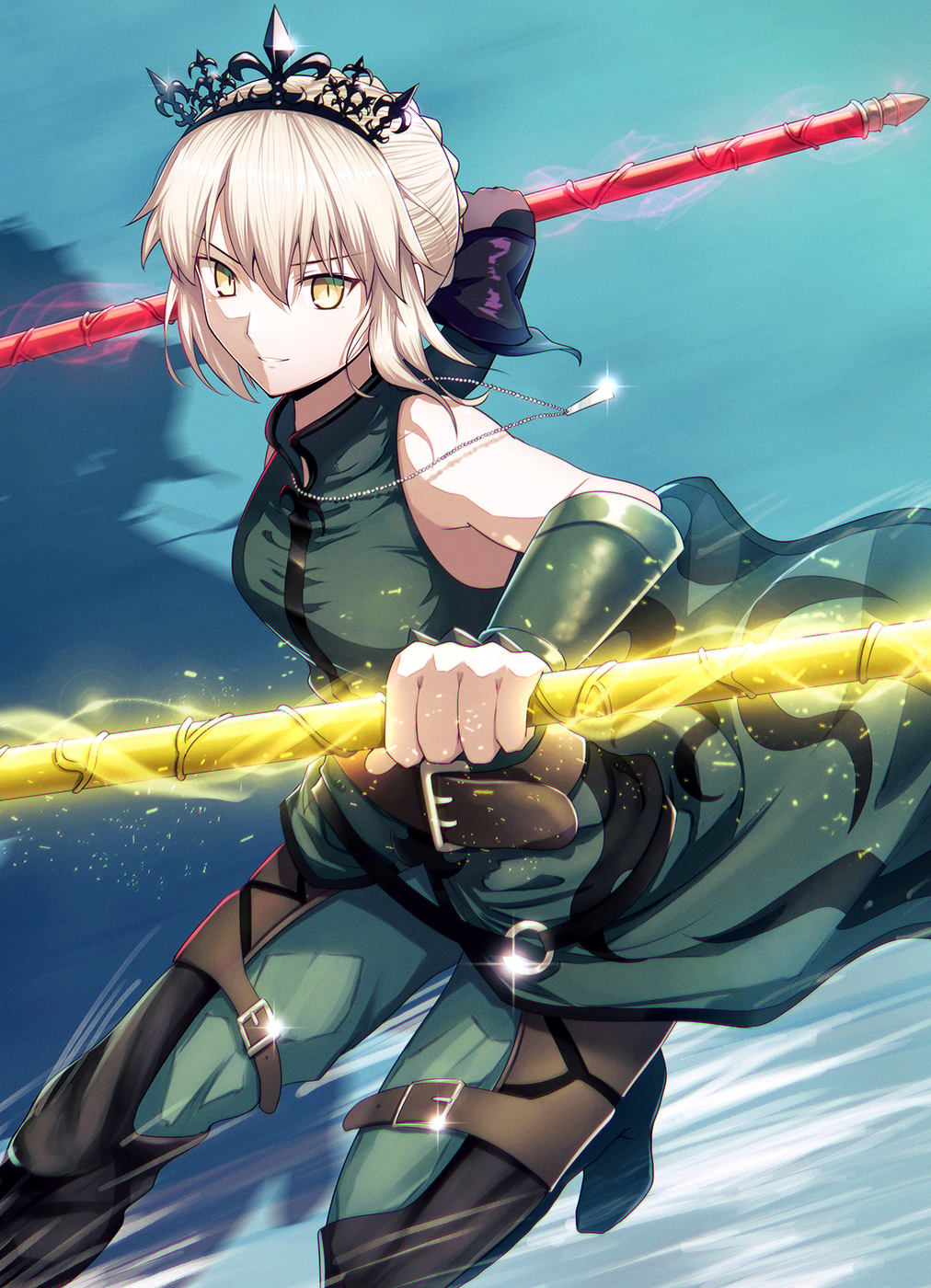 1girl, artoria_pendragon_(fate), bare_shoulders, belt, black_bow, blonde_hair, blue_background, bow