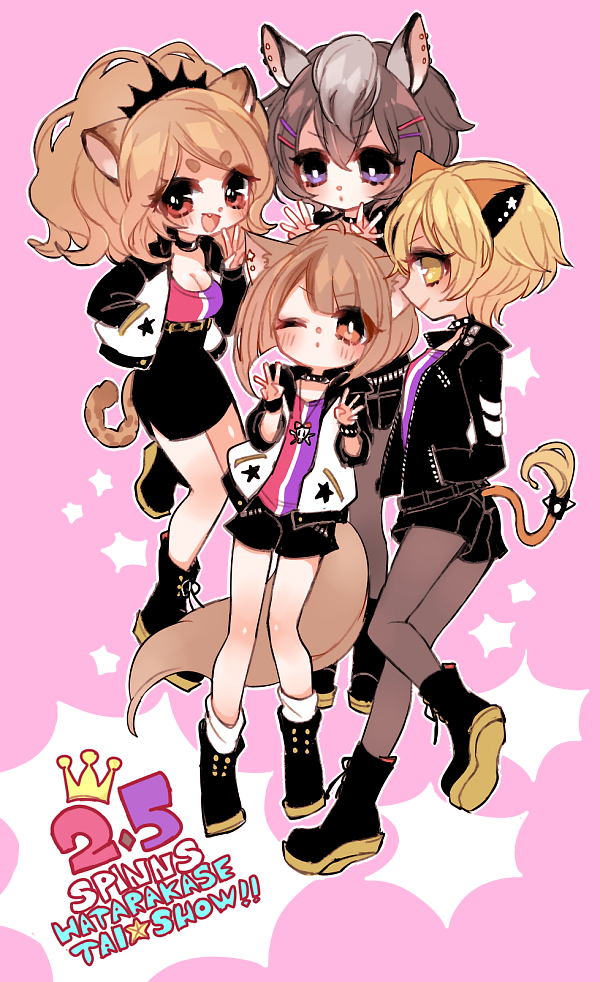 4girls, :d, animal_ears, bad_id, bad_pixiv_id, big_hair, black_footwear, black_shorts