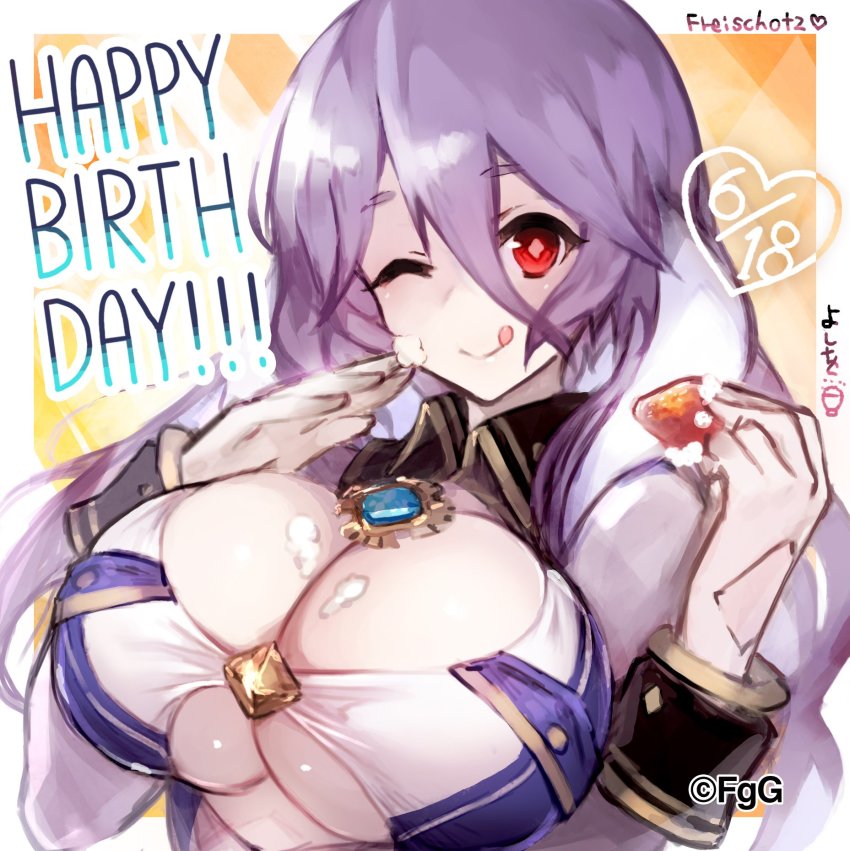 ;), ancient_killers_(phantom_of_the_kill), breasts, character_name, cleavage, cleavage_cutout, clothing_cutout, collar, company_name, dated, food, freischutz_(phantom_of_the_kill), fruit, gloves, happy_birthday, heart, highres, huge_breasts, icing, looking_at_viewer, official_art, one_eye_closed, phantom_of_the_kill, purple_hair, red_eyes, sleeve_cuffs, smile, solo, strawberry, underboob_cutout