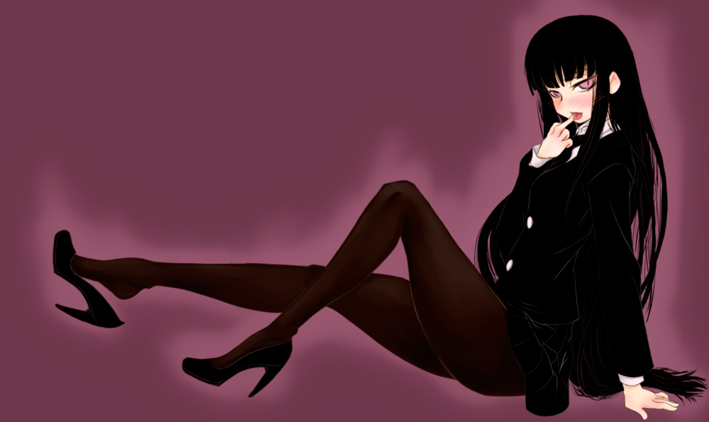 1girl, black_hair, blush, female_focus, female_protagonist_(houkago_play), high_heels, houkago_play, legs, long_hair, naughty_face, pantyhose, scharfschutze, shoe_dangle, shoes, sitting, solo, very_long_hair