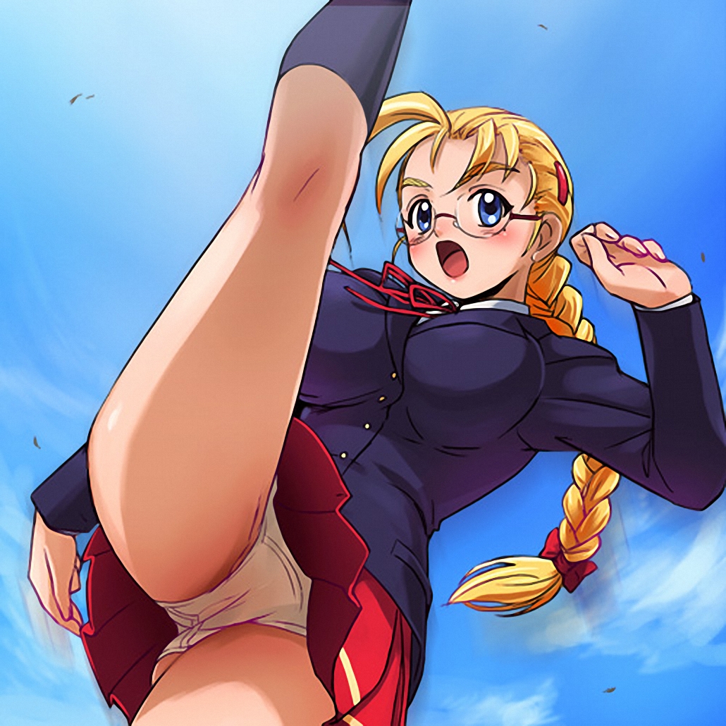 00s, 10s, 1girl, action, blonde_hair, blue_eyes, braid, breasts, female_focus, from_below, furinji_miu, fuurinji_miu, glasses, haruyama_kazunori, kicking, mole, mole_under_eye, panties, pantyshot, school_uniform, shijou_saikyou_no_deshi_ken'ichi, solo, source_request, underwear