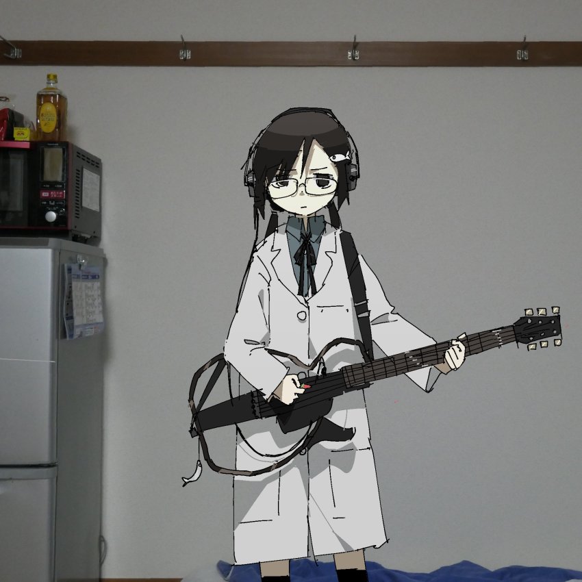 1girl, artist_self-insert, black_hair, glasses, guitar, headphones, highres, instrument, kneehighs, lab_coat, shimeji_simulation, socks, tsukishima_mina, tsukumizu