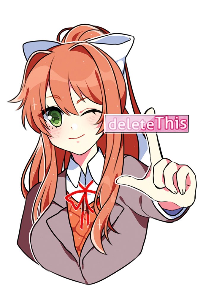 1girl, ;), bow, brown_hair, commentary, delete_this_(meme), doki_doki_literature_club, english_commentary, english_text, female_focus, green_eyes, hair_between_eyes, hair_bow, jacket, long_hair, looking_at_viewer, meme, monika_(doki_doki_literature_club), one_eye_closed, ponytail, ribbon, savi_(byakushimc), school_uniform, simple_background, smile, solo, upper_body, white_bow