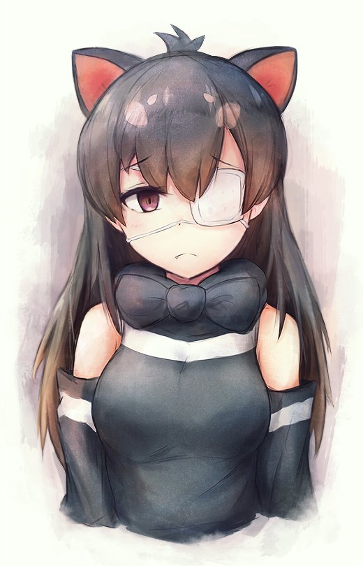 10s, 1girl, 3ma_saga, :c, ahoge, animal_ears, australian_devil_(kemono_friends), bad_id, bad_twitter_id, bare_shoulders, black_bow, black_hair, black_neckwear, black_shirt, black_sleeves, blue_hair, bow, breasts, closed_mouth, commentary_request, detached_sleeves, eyepatch, female_focus, frown, furrowed_brow, hair_between_eyes, kemono_friends, light_blue_hair, long_hair, long_sleeves, looking_at_viewer, medical_eyepatch, medium_breasts, shirt, sleeveless, sleeveless_shirt, solo, tasmanian_devil_ears, upper_body