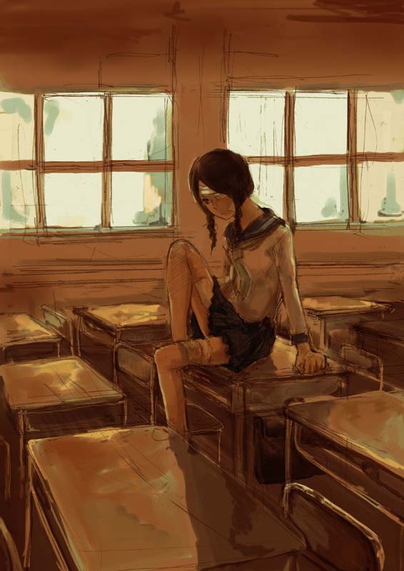 00s, 1girl, arms_at_sides, bandages, braid, brown_theme, classroom, desk