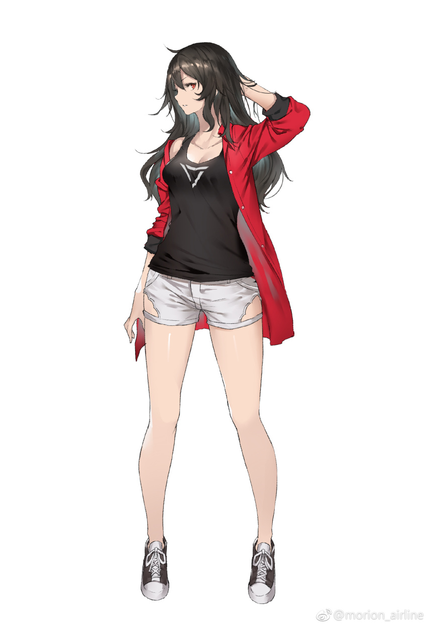 1girl, absurdres, arm_at_side, arm_up, bare_legs, black_hair, breasts, cleavage, female_focus, hair_between_eyes, highres, jacket, medium_breasts, mogumo, off_shoulder, open_clothes, open_jacket, parted_lips, profile, red_eyes, shoes, short_shorts, shorts, simple_background, sneakers, solo, tank_top, tokoshie_bullet, white_background
