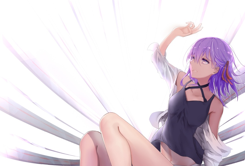 1girl, arm_up, black_shirt, collarbone, fate/stay_night, fate_(series), female_focus, floating_hair
