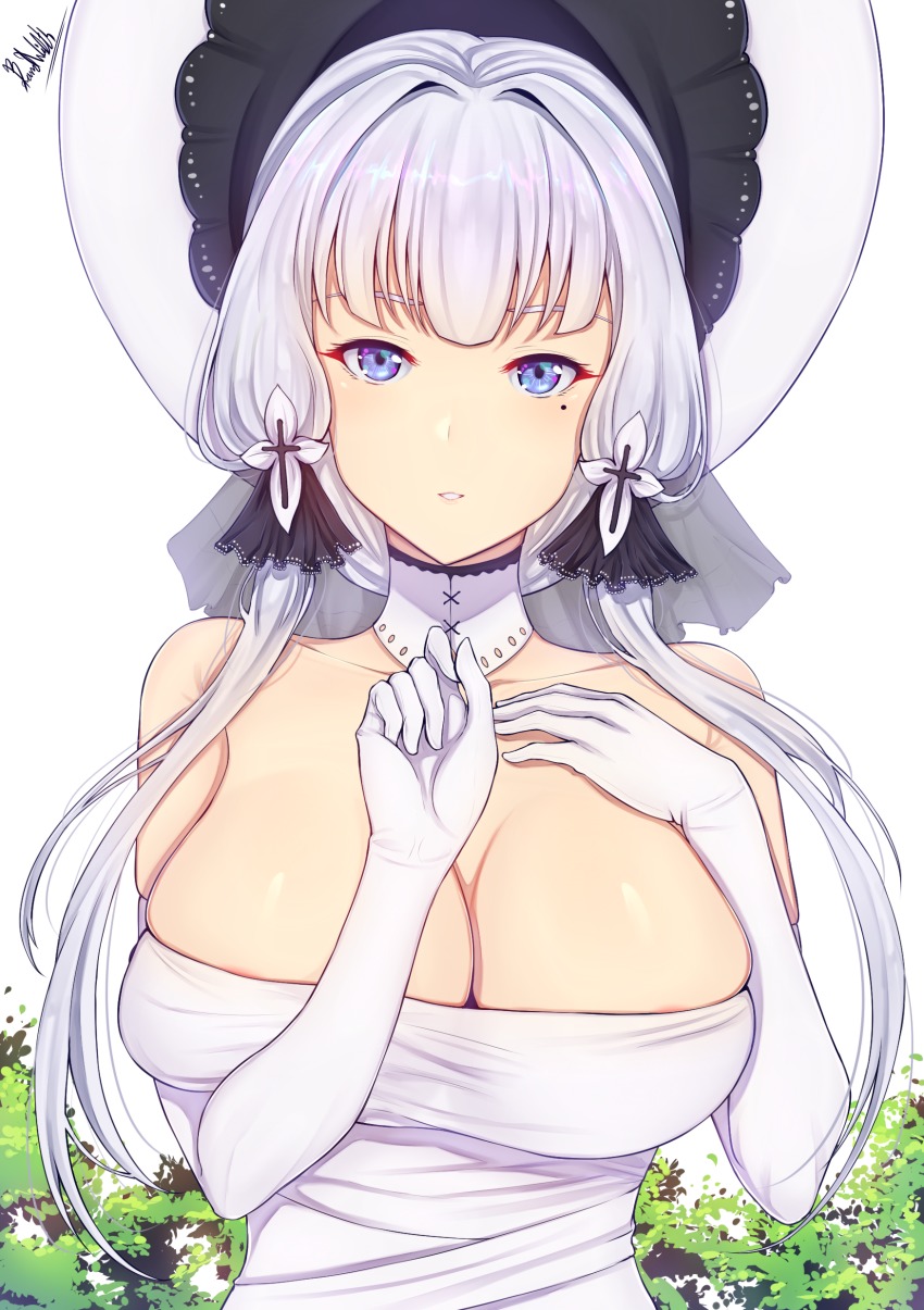 1girl, absurdres, artist_name, azur_lane, band-width, bare_shoulders, blue_eyes, breasts, choker, cleavage, dress, elbow_gloves, female_focus, gloves, hair_ornament, hand_on_own_chest, hat, highres, illustrious_(azur_lane), lace-trimmed_hat, lace_trim, large_breasts, long_hair, looking_at_viewer, low_twintails, mole, mole_under_eye, parted_lips, signature, simple_background, solo, strapless, strapless_dress, sun_hat, tree, twintails, white_background, white_dress, white_gloves, white_hair, white_hat
