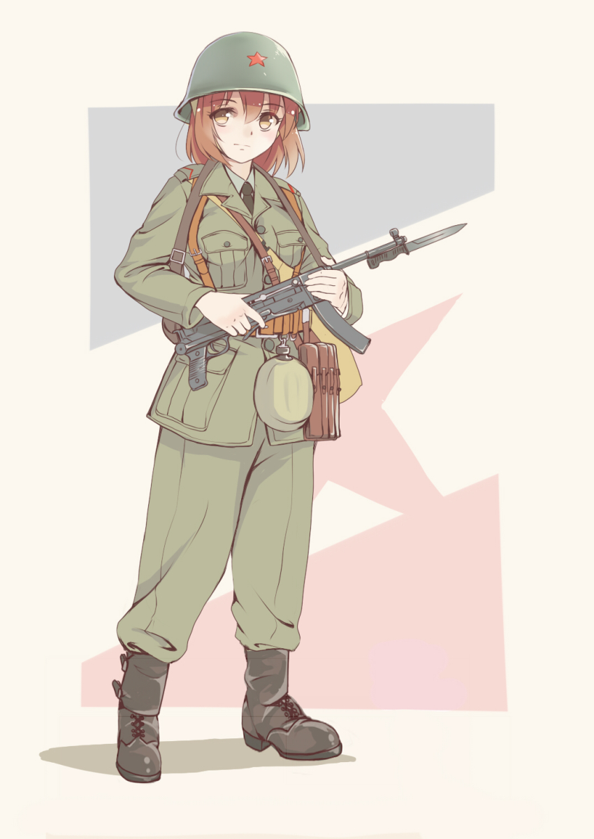 1girl, ammunition_pouch, bag, bayonet, belt, black_boots, black_necktie, boots