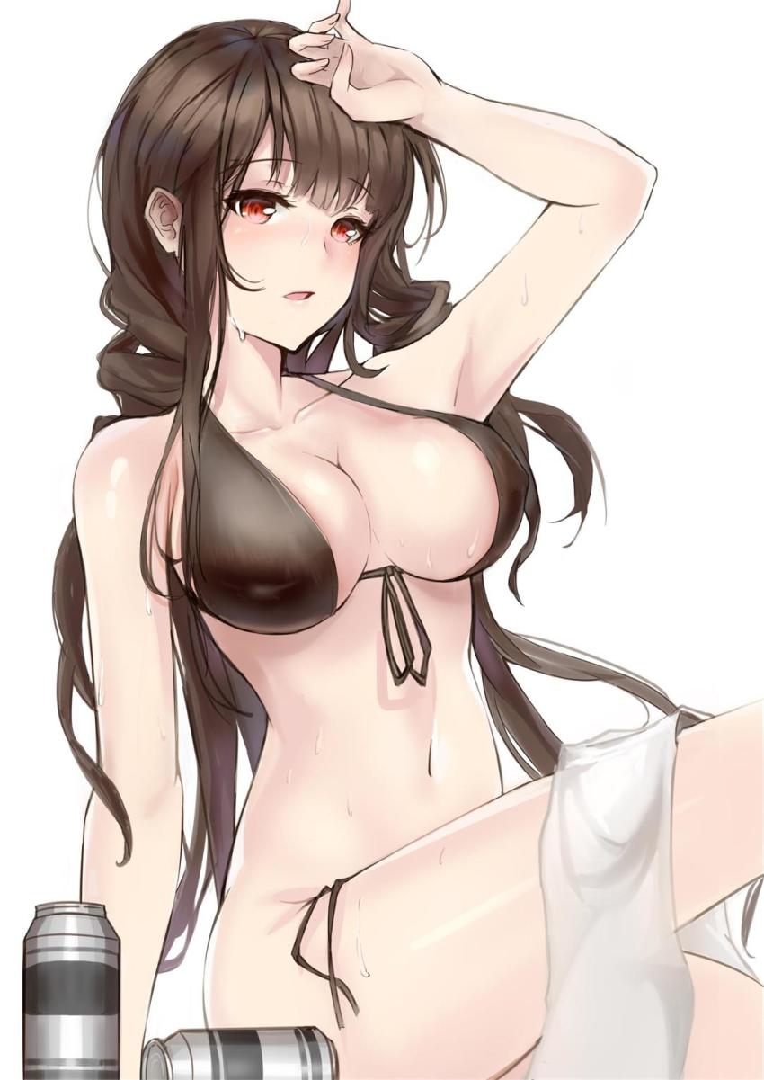 1girl, arm_up, armpits, bikini, black_bikini, blunt_bangs, breasts, brown_hair
