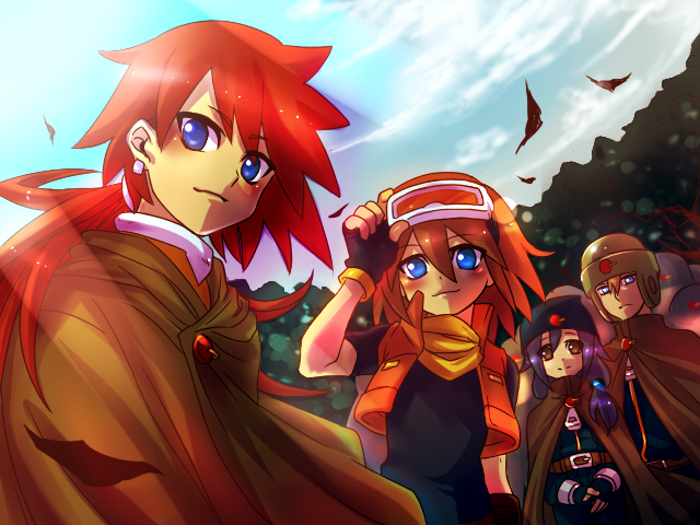 1boy, 3girls, adjusting_eyewear, bad_id, bad_pixiv_id, belt, blue_eyes, blush, brise_(mega_man), brown_eyes, brown_hair, capcom, cape, cloak, cloud, cropped_jacket, earrings, eyewear_on_head, fingerless_gloves, gloves, goggles, goggles_on_head, hair_between_eyes, hand_on_eyewear, hat, helmet, jacket, jewelry, light_rays, light_smile, long_hair, looking_to_the_side, mega_man_(series), mega_man_zero_(series), mega_man_zero_4, multiple_girls, neige_(mega_man), orange_jacket, own_hands_together, ponytail, red_hair, scarf, short_hair, sky, smile, tokigi_akira, tornado_(mega_man), tree, wind, zipper_pull_tab