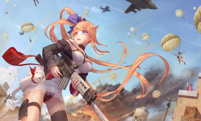 >_<, 3girls, ahoge, aircraft, animal, bag, battle_rifle, battlefield