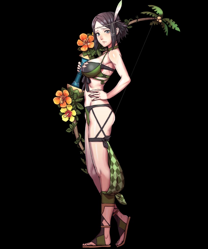 1girl, bikini, black_hair, bow_(weapon), breasts, closed_mouth, feathers, female_focus, fire_emblem, fire_emblem_awakening, fire_emblem_heroes, flower, from_side, full_body, grey_eyes, hair_ornament, halterneck, hand_on_own_hip, highres, holding, holding_bow_(weapon), holding_weapon, kusakihara_toshiyuki, large_breasts, looking_at_viewer, nintendo, noire_(fire_emblem), noire_(shade_seeker)_(fire_emblem), non-web_source, official_art, parted_bangs, shiny_skin, short_hair, sidelocks, solo, standing, swimsuit, thigh_strap, thighs, toeless_legwear, transparent_background, weapon