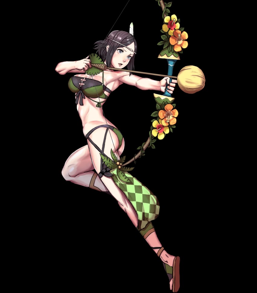 1girl, armpits, arrow_(projectile), ass, bad_anatomy, bare_shoulders, bikini, black_hair