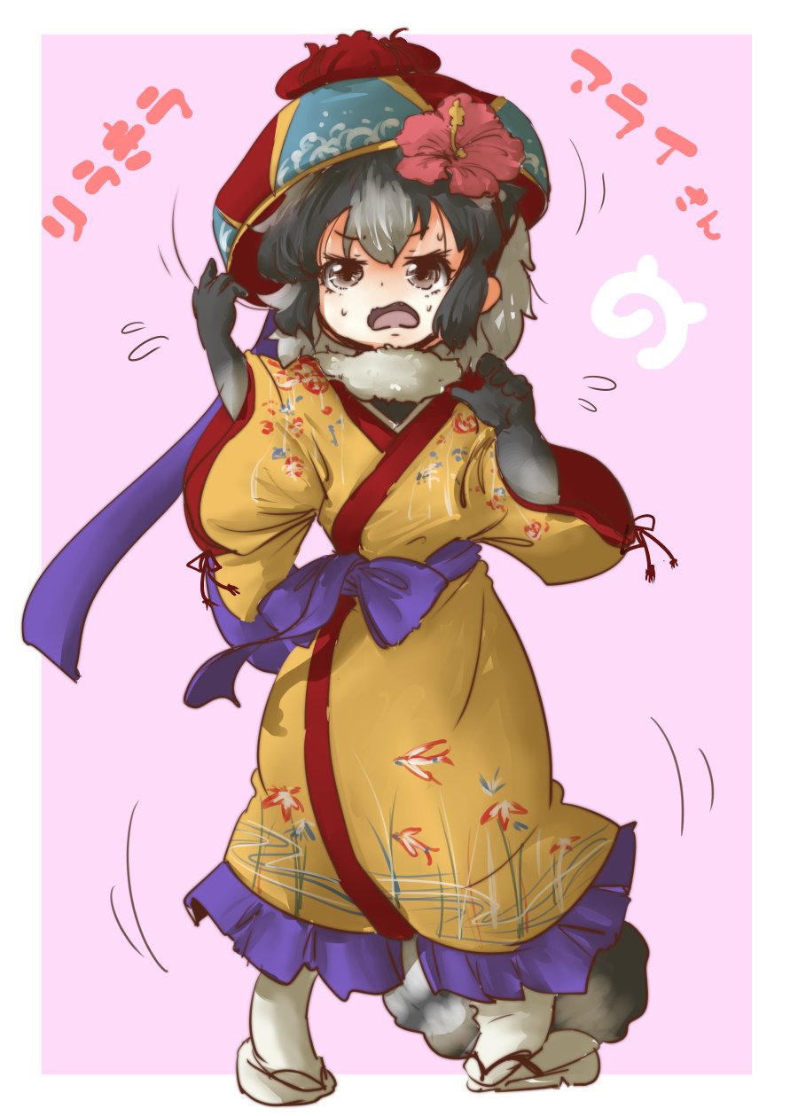 10s, 1girl, animal_print, bird_print, black_gloves, brown_eyes, character_name, commentary, common_raccoon_(kemono_friends), female_focus, flower, flying_sweatdrops, framed, full_body, fur_collar, gloves, green_hair, hanagasa, hibiscus, highres, japari_symbol, kemono_friends, kemono_friends_festival, multicolored_hair, open_mouth, outside_border, raccoon_tail, ryuusou, sandals, solo, tail, tikano, wide_sleeves, zouri